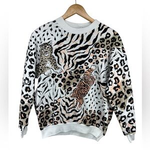 Vintage 80s 90s Animal Print Crewneck Sweatshirt Leopard Tiger Girls Large